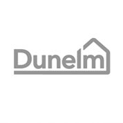 A grey and white logo of dunelm