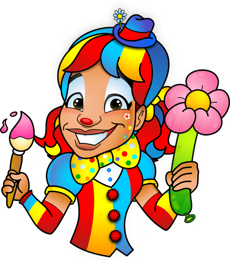 A clown with a flower and paintbrush in his hand.