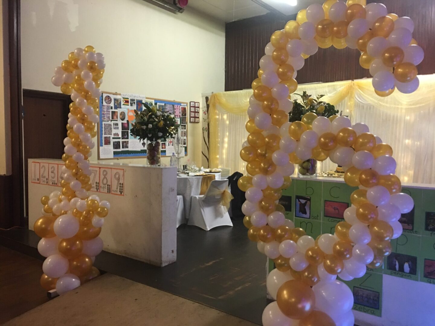 A room with many balloons and tables