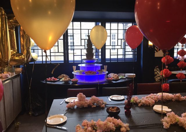 A table with plates and cups on it