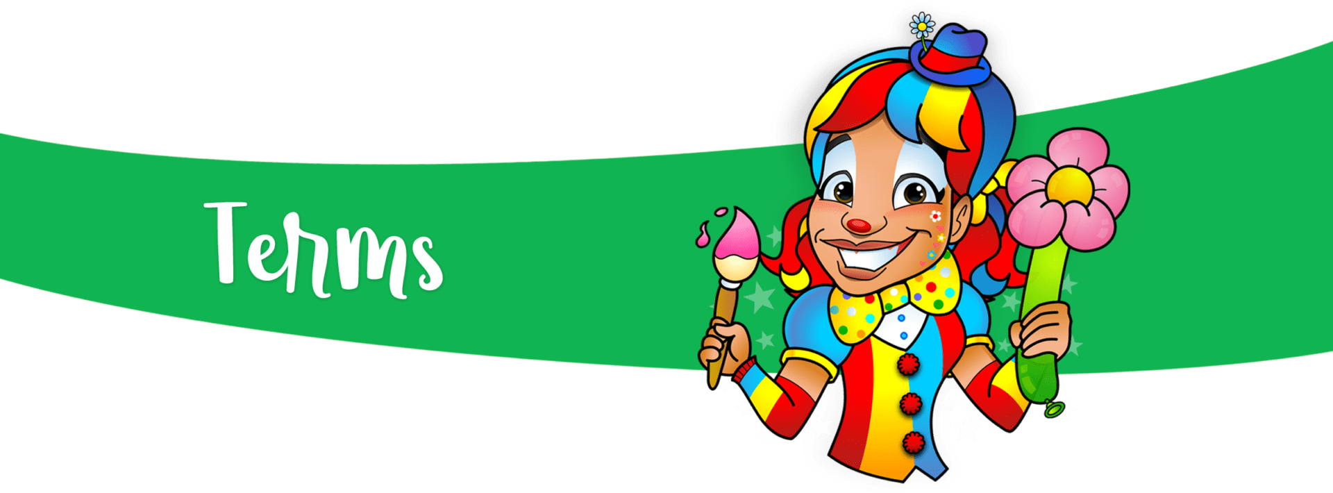 A clown holding a paintbrush in front of a green background.