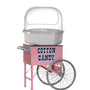 A pink cart with a white and blue sign on it.