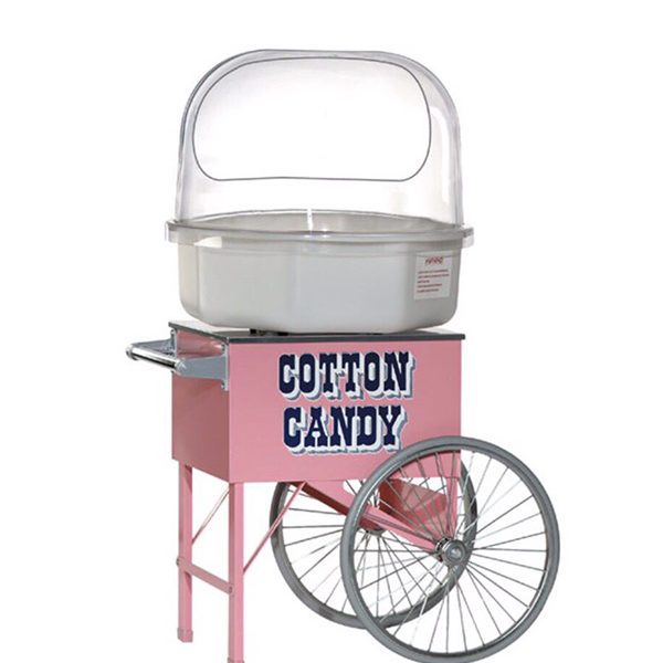 A pink cart with a white and blue sign on it.