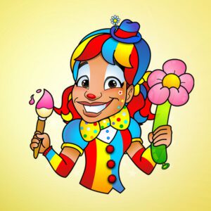 A clown holding a paintbrush and flower.