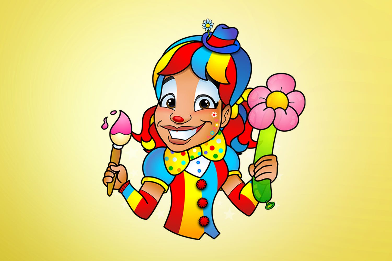 A clown holding a paintbrush and flower.