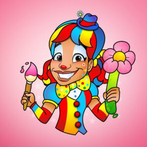 A clown holding a paintbrush and flower.