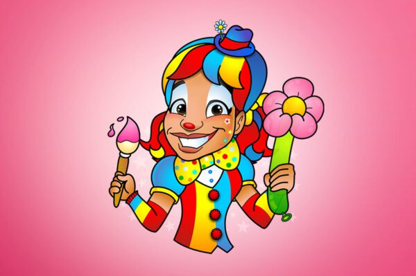 A clown holding a paintbrush and flower.