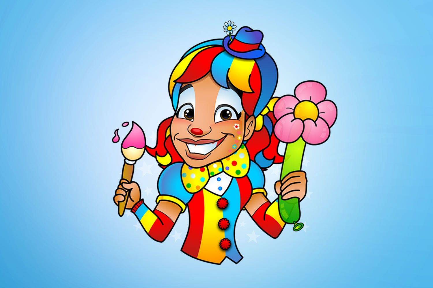 A clown holding a paintbrush and flower.