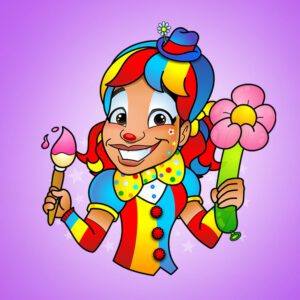 A clown holding a flower and painting brush.