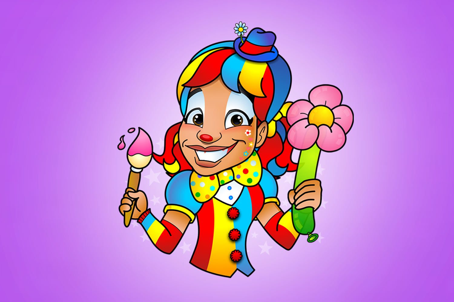 A clown holding a flower and painting brush.