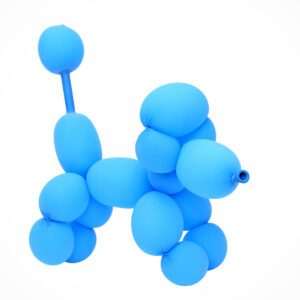 A blue balloon dog is standing up in the shape of a letter.