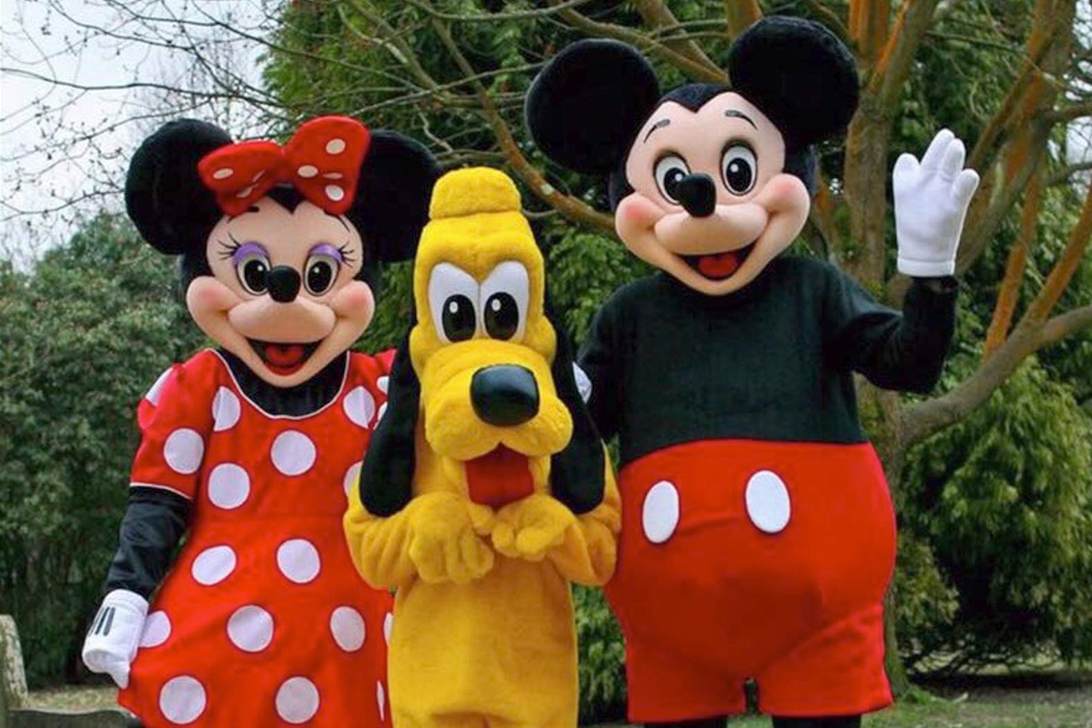 Three people dressed as mickey mouse minnie and pluto