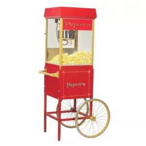 A popcorn machine on wheels with the cart.