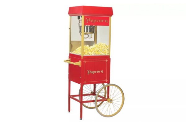 A popcorn machine on wheels with the cart.