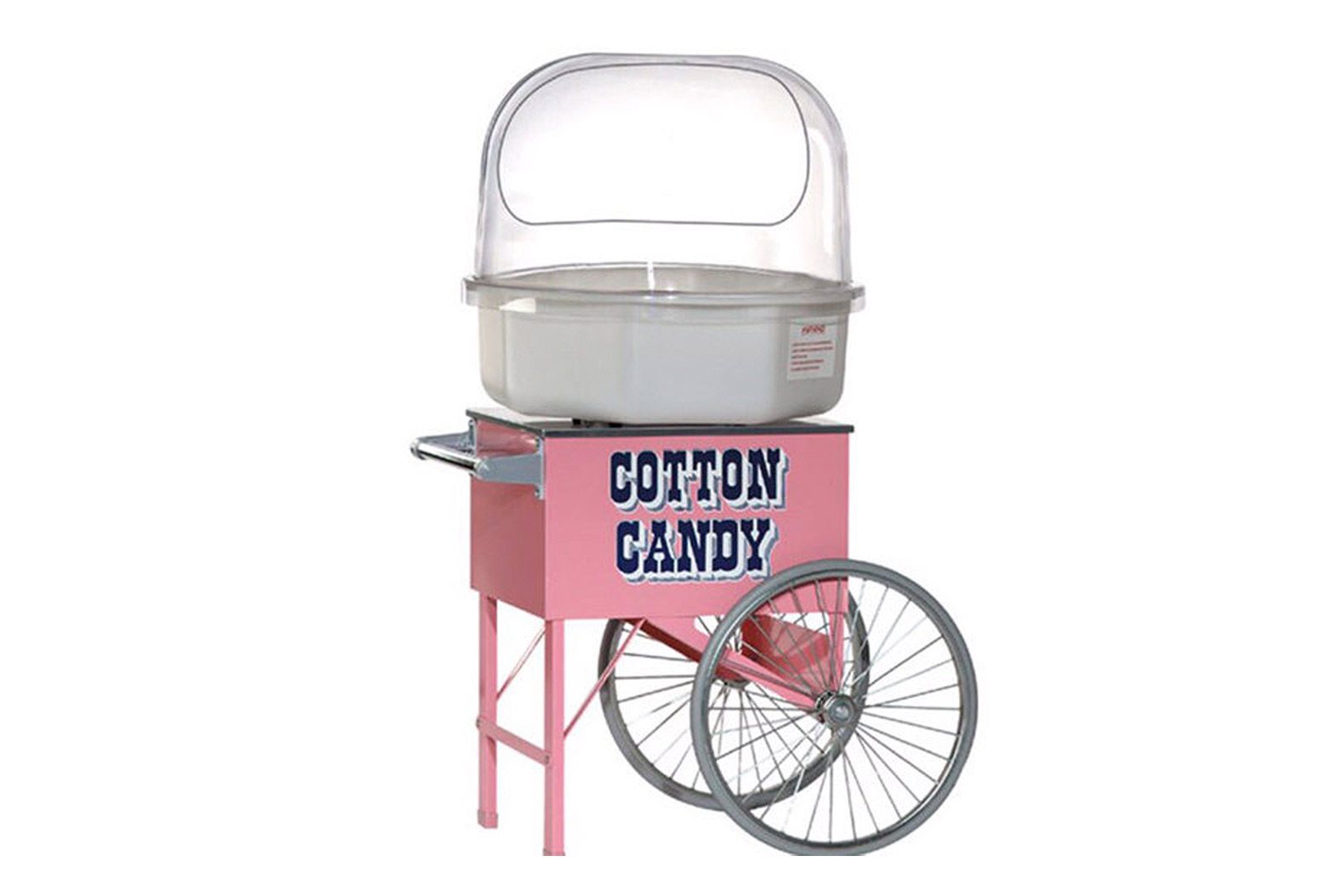 A pink cart with a white cotton candy machine.