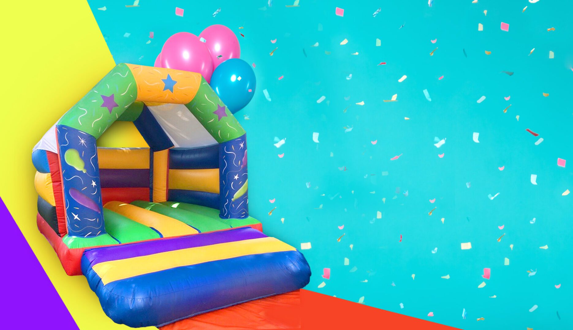 A bouncy house with balloons on the wall.