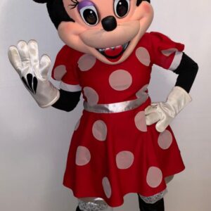 A minnie mouse character in a red dress