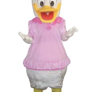 A duck character in pink dress and yellow shoes.