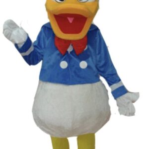 A duck mascot costume is wearing blue and white.