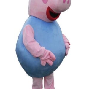 A pig mascot costume in blue and pink