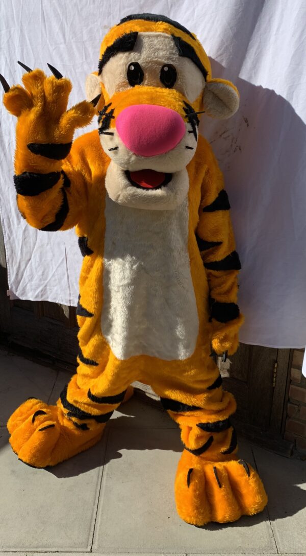 A person in a tiger costume is standing up