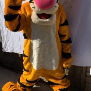 A person in a tiger costume is standing up