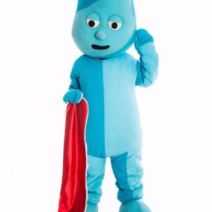 A person in a blue costume holding a red umbrella.