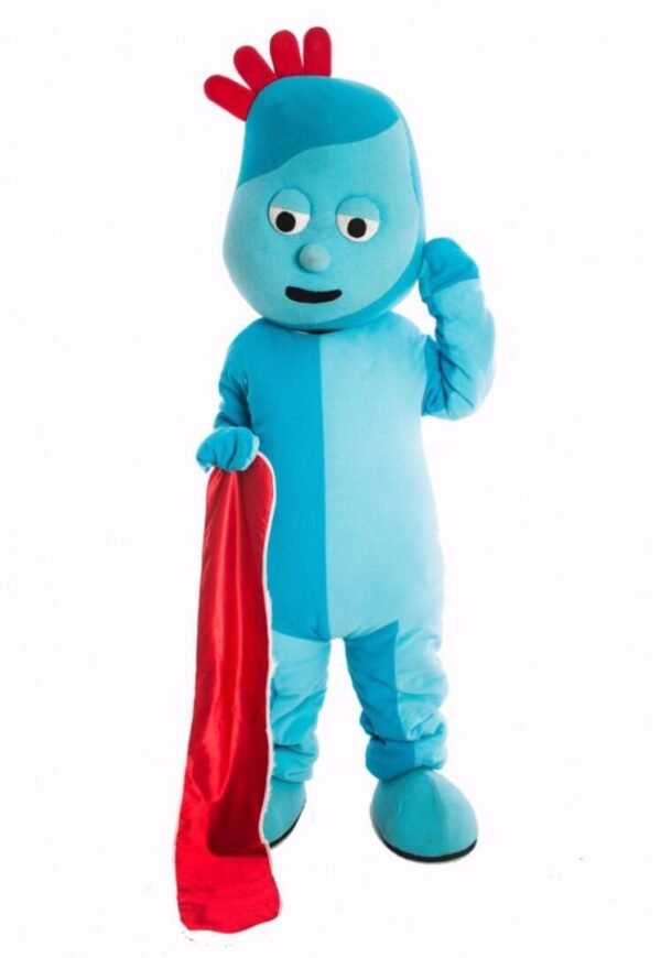 A person in a blue costume holding a red umbrella.