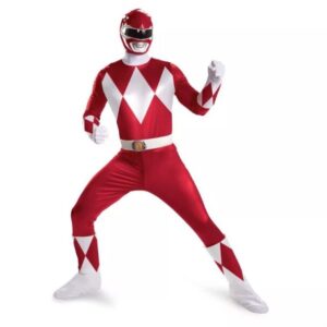 A red and white power ranger costume with his hands on the ground.