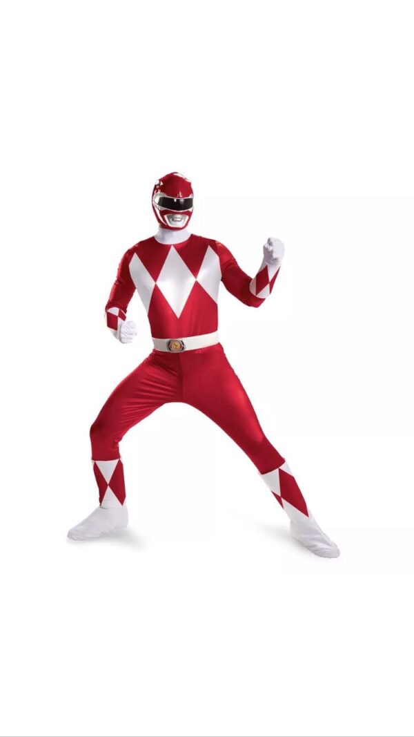 A red and white power ranger costume with his hands on the ground.