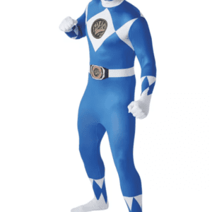 A blue and white costume is standing up.