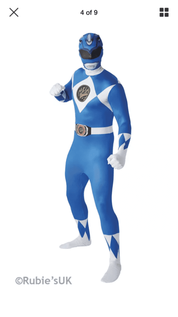 A blue and white costume is standing up.