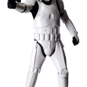 A stormtrooper is standing up and holding his gun.