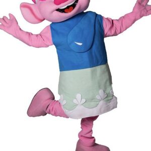 A pink and blue pig mascot costume