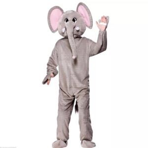 An elephant costume is shown in a gray outfit.