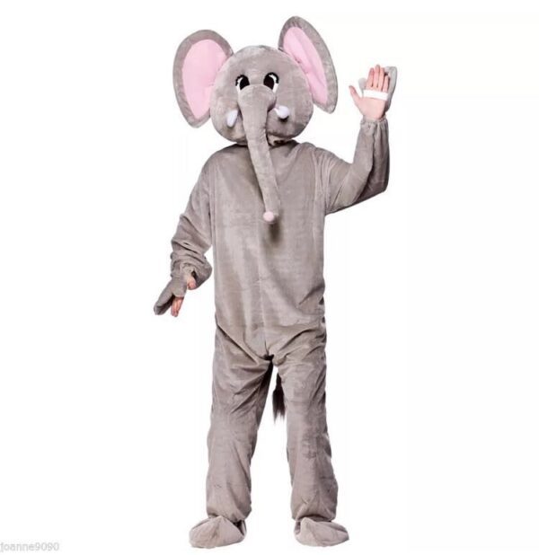 An elephant costume is shown in a gray outfit.